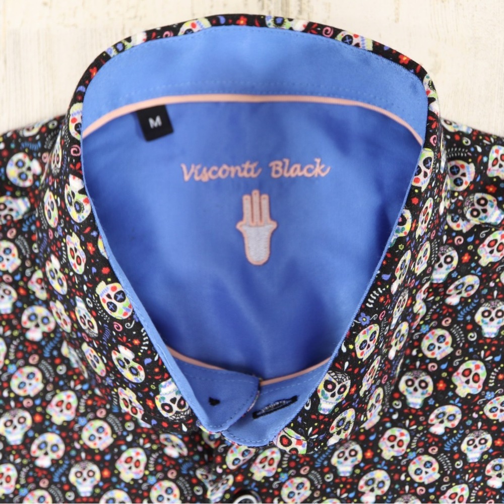 Visconti Black Shirt Mens Medium Skull All Over Print Short Sleeve